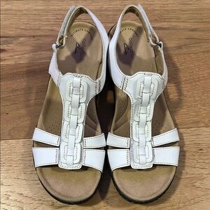 Clarks White Leather T-Strap Slingback Sandals